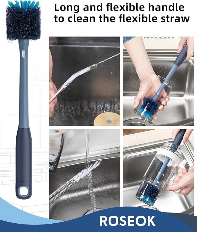 ROSEOK 2 in 1 Bottle Brush with Straw Cleaner Brush, Water Bottle Brush | For Cleaning Glass, Sports Bottle, Coffee Mug, Cup Cleaner, Grayish Blue, 1 Pack