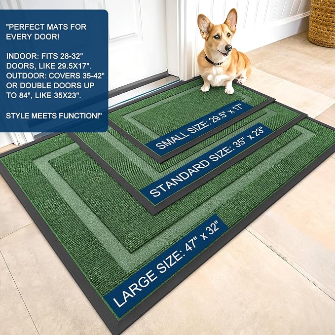 OLANLY Front Door Mat Outside 47x30, All-Season Heavy-Duty Rubber Doormat | Green, Absorbent, Stain and Fade Resistant, Waterproof Non-Slip Backing, Low-Profile Indoor Outdoor Floor Mat for Entryway