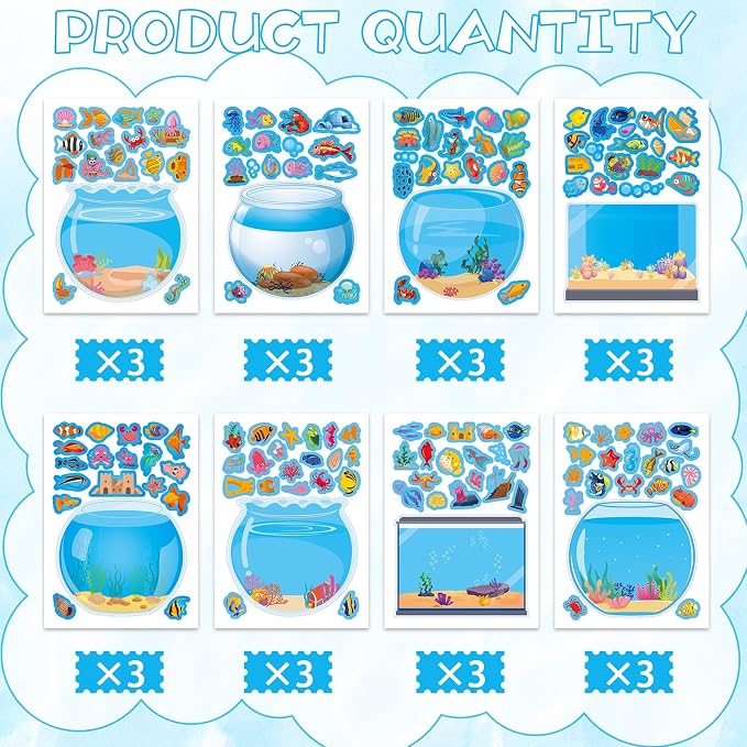 24 Sheets Make Ocean Animals Worlds Scene Stickers, Cute Under The Sea Ocean Animal Stickers Summer Fish Tank Scene for Party Favors Summer Activities Crafts