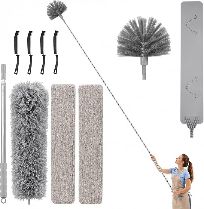 10-Piece Duster with Extension Pole, Cobweb Duster for High Ceiling | Spider web brush and flat gap cleaner for homes, apartments, fans, blinds, walls, furniture, cars and under appliances