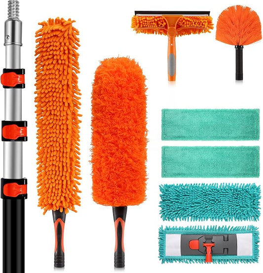 20ft Extendable Duster Kit for High Ceilings with Extension Pole | Tall Cobweb Duster, Microfiber Ceiling Fan Duster, 2-in-1 Window Squeegee, Wall Mop for Home Ceiling Wall High Reach Cleaning