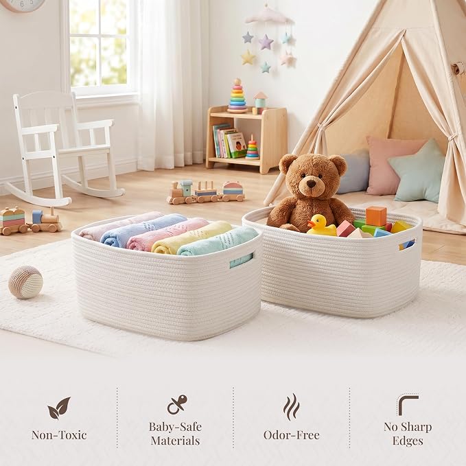 5 Pack Storage Baskets for Shelves, 17"x13"x7.5" & 7"x7"x3.5" | Cotton Rope Woven Baskets for Organizing, 2 Sizes Organizer Bins, Baskets for Shelves, Nursery, Toys, Closets, Laundry & Home