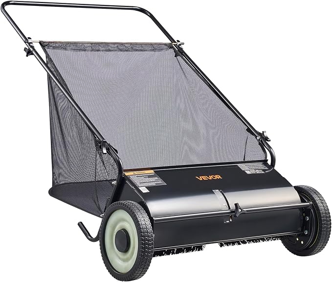 VEVOR Push Lawn Sweeper 26 Inch Leaf & Grass Collector Strong Rubber Wheels | 7 Cu. Ft. Hopper Bag, 4 Spinning Brushes, Adjustable Brush Height, Yard Sweeper for Leaves, Grass Clippings & Pine Needles
