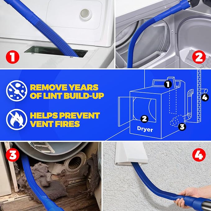 Holikme Dryer Vent Cleaner Kit 2Pack - Lint Vacuum Attachment & Brush | Deep Blue Dryer Vent Vacuum Hose Attachment & Brush Reach Deep Traps - Remove Hidden Lint, Speed Drying & Reduce Fire Risk