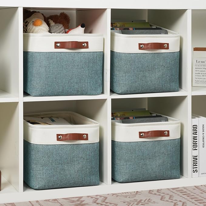 DULLEMELO Storage Baskets for Shelves, Fabric Collapsible Rectangular Storage Bins for Shelves, Closets, Nursery, Home, Office, Empty Gift Baskets (4-Pack-15"*11"*9.5", White&Deep Green)