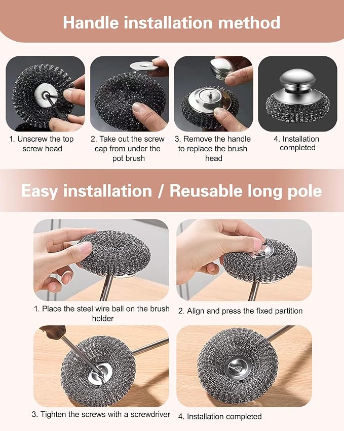 5 Pcs Steel Wool Scrubbers - Premium 304 Stainless Steel Metal Sponges for Cast Iron Skillets, Grill & Kitchen Pots - Rust Resistant, Non-Splintering Heavy Duty Scouring Pads for Tough Grease