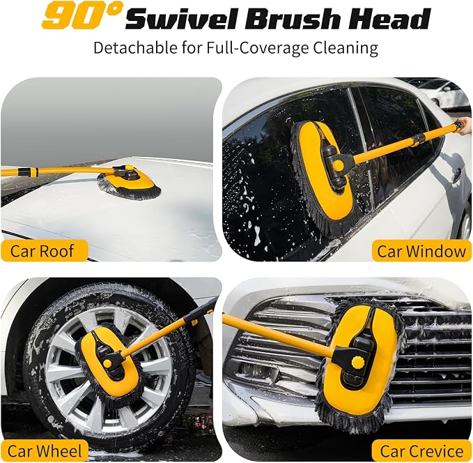 Ordenado 15° Curved Car Wash Brush with Long Handle, Car Wash Mop Kit | 43" Microfiber Scratch-Free Car Cleaning Supply with Replaceable Head, Chenille Mitt, Drying Towel, Wheel Brush for RV Truck