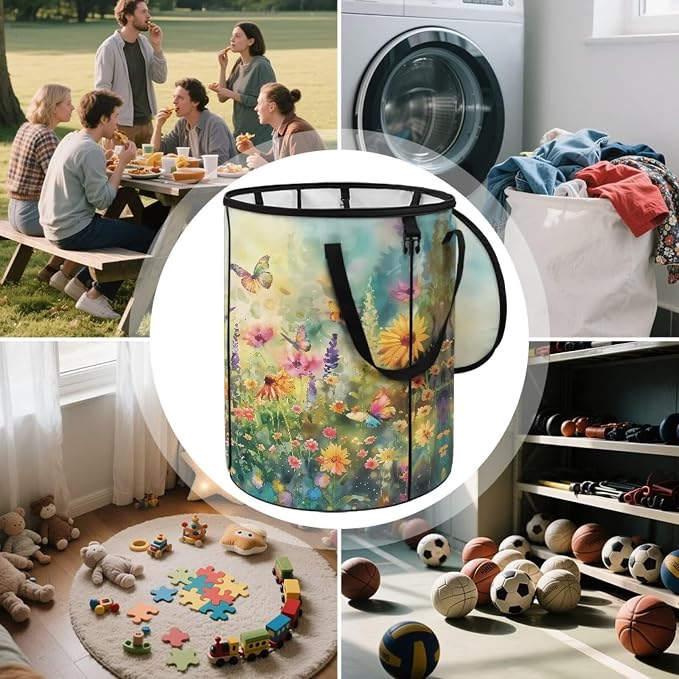 Daisy Floral Butterfly Print 24 Gallon Reusable Yard Waster Bag Garden Leaf Bin Collapsible Camping Trash Container Stand-up Waster Bin with Lid and Handles