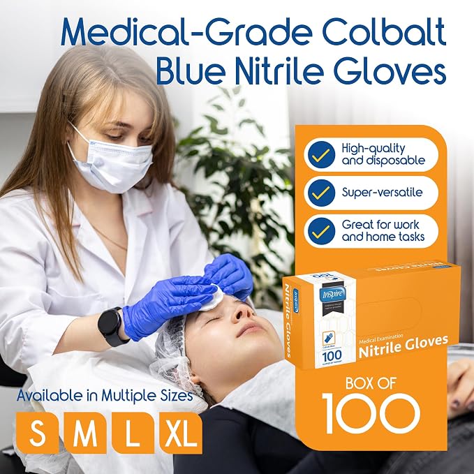 Inspire Cobalt Blue Nitrile Disposable Gloves | 4.5 Nitrile Safety Medical Exam Cooking Cleaning Disposable Gloves