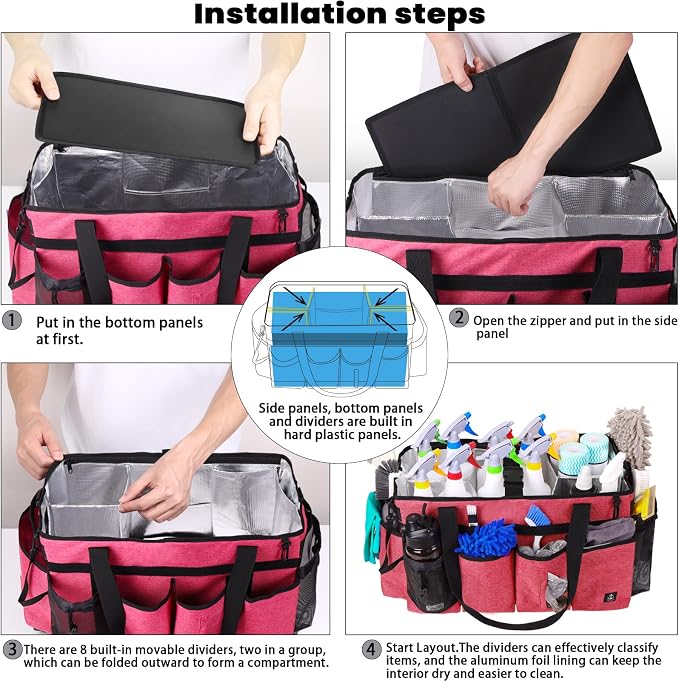Extra large Cleaning Caddy Bag Built-in hard plastic Aluminum foil lining | Waterproof nylon, aluminum foil lining, quick-drain PVC mesh bottom, for housekeepers
