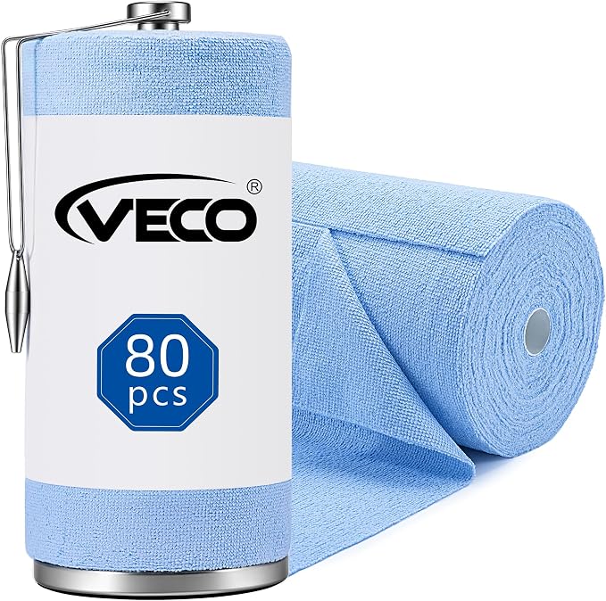 Veco Microfiber Cleaning Cloth Roll with Holder 80 PCS, 12" x 12" Blue | Tear Away Reusable Towels, Lint-Free & Streak-Free Cleaning Cloths, Paper Towel Alternative for Kitchen, Home & Car