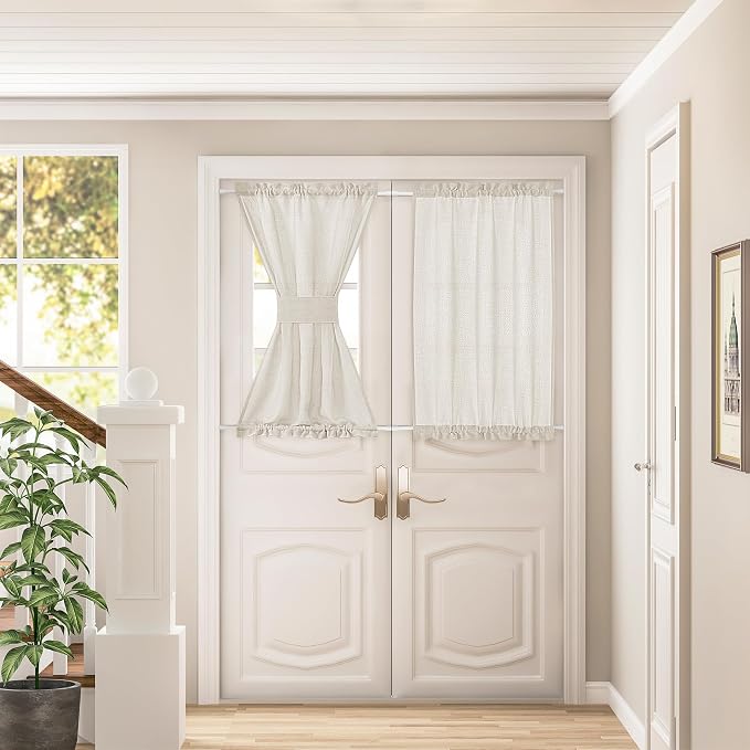 2 Panels Natural Thick Linen Door Curtain W35 x L40 Semi Sheer | Privacy Semi Sheer Light Filtering Drapes, for Bedroom Kitchen Bathroom, Tieback, French Door Curtains, Wrinkle Free