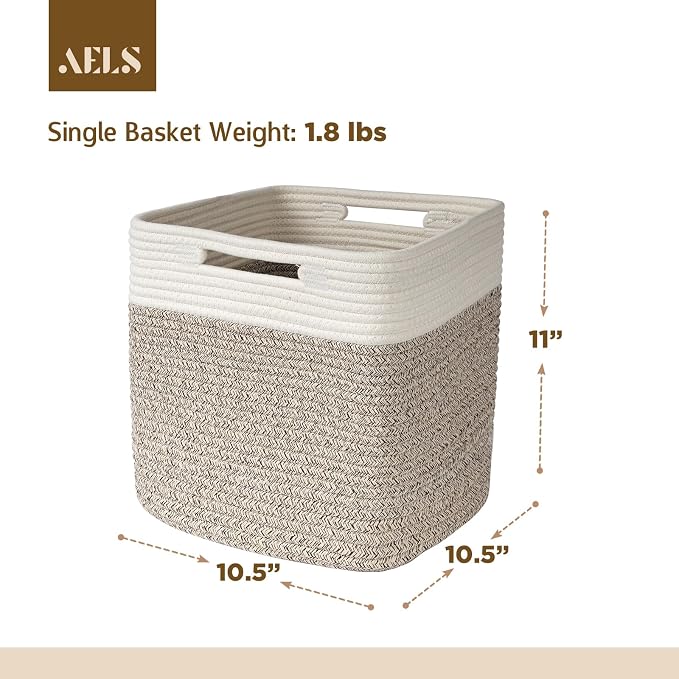 AELS Hand Woven Cotton Baskets for Storage, Cube Storage Bins with Handles, Foldable Collapsible Closet Organizers and Storage, Boho Farmhouse Storage Cubes for Shelves, Beige & Mixed Brown