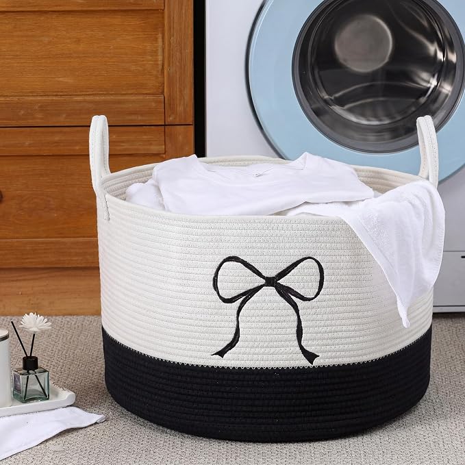 Honeydak Large Blanket Basket Black Bow Laundry Hamper 60l Cotton Rope Storage Bin for Blankets Toys Clothes 13 x 20 Inches Baby Nursery Room Playroom Storage Organization Teens Girls Dorm