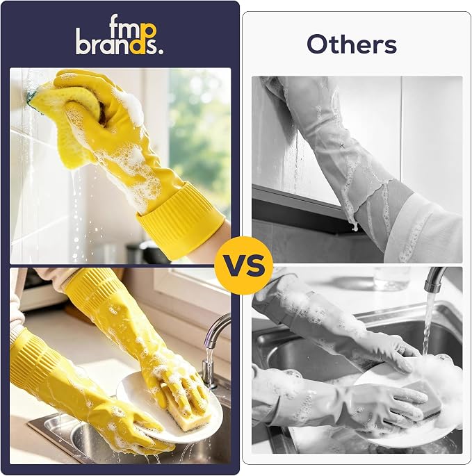 FMP Brands 3/6/12/60 Pairs 15 Inch Extra Long Rubber Dishwashing Gloves - Non-Slip for Cleaning, Kitchen, Bathroom, Gardening