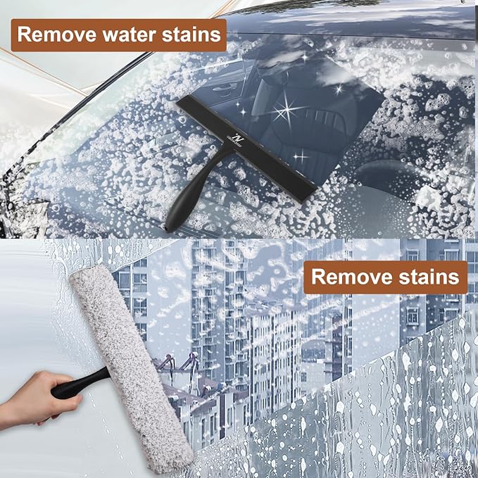 Shower Squeegee for Glass Doors & Microfiber Scrubber Kit 11Inch Window Washing Tools with Non-Slip Handle and Adhesive Hook