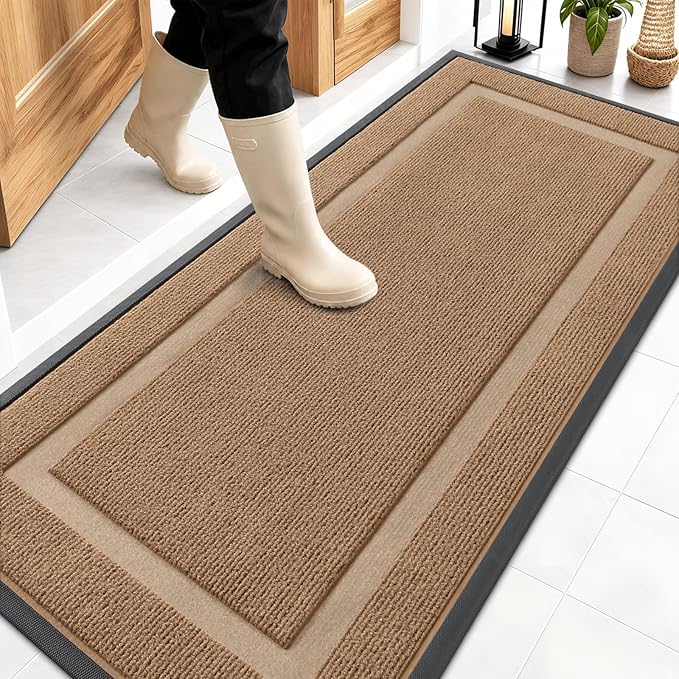 OLANLY Front Door Mat Outside 59x23, All-Season Heavy-Duty Rubber Doormat | Light Brown, Absorbent, Stain Fade Resistant, Waterproof Non-Slip Backing, Low-Profile Indoor Outdoor Floor Mat for Entryway