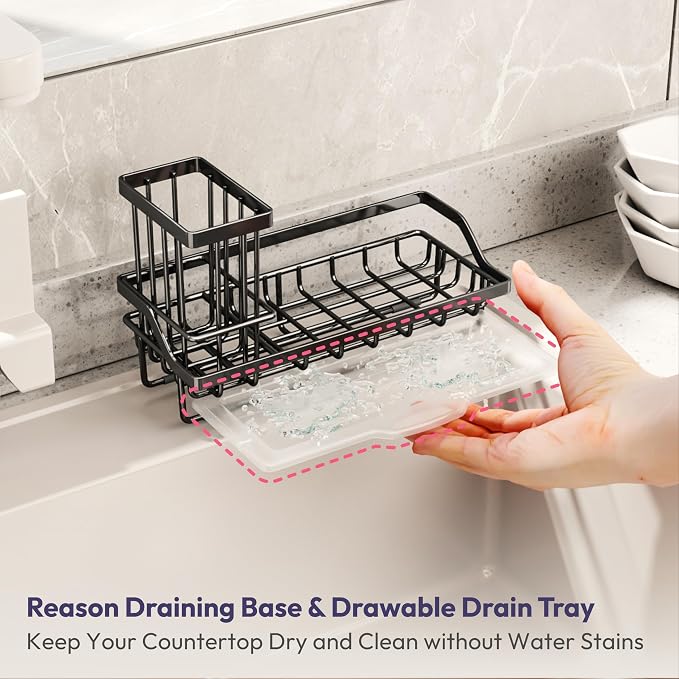 SWTYMIKI Sink Caddy Sponge Holder - Kitchen Sink Organizer with High Brush Holder for Countertop to Hold Dish Soaps and Sponges, Stainless Steel, Black (Pack of 2)