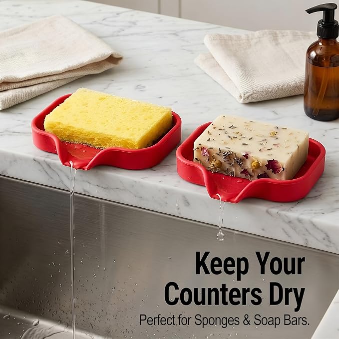 Zulay Kitchen Small Silicone Sponge Holder (4.9x3.3”) – Space-Saving Sink Organizer Tray for Sponge, Soap, Brush & More – Compact Non-Slip Dish for Kitchen & Bathroom (Red)