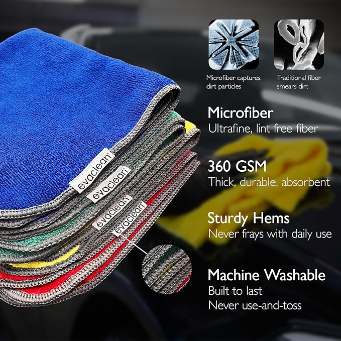 EvaClean Premium Microfiber Cleaning Cloth 16"x16" - Reusable, Washable, Non-Scratch, Microfiber Towels for Cleaning, Dusting, Polishing, High Absorbency & Durability, Blue, 12-Pack