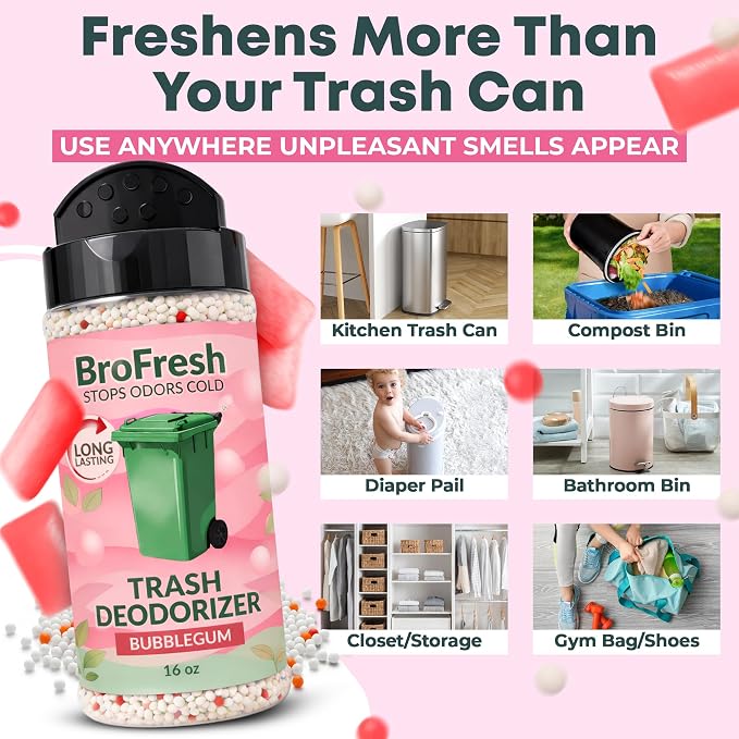 BroFresh Garbage Can Deodorizer, Neutralizes Odor, Absorbs Moisture & Releases Long-Lasting Scent, Safe & Non-Toxic, Trash Can Odor Eliminator (16 oz Twin, Bubblegum)