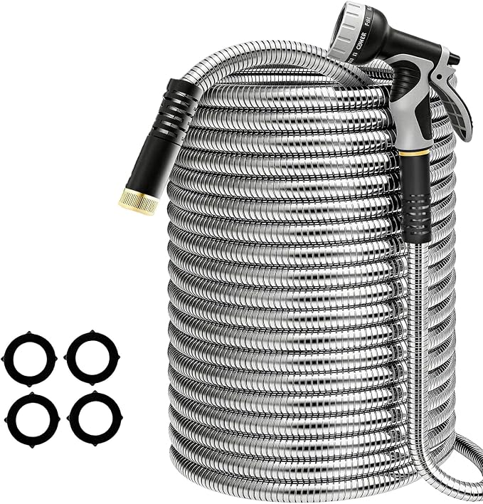 Lefree 200ft Heavy Duty Stainless Steel Garden Hose | No‑Kink Leak‑Proof Crush Resistant &10 Pattern Nozzle for Large Lawn RV Camping Long Range Yard Irrigation