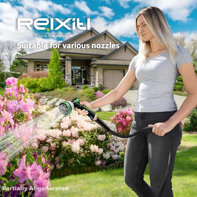 Non-Expandable Garden Hose 25feet, Flexible Water Hose with 10 Function Hose Nozzle, Lightweight, Tangle Free, Rust Proof for Yard (Black)