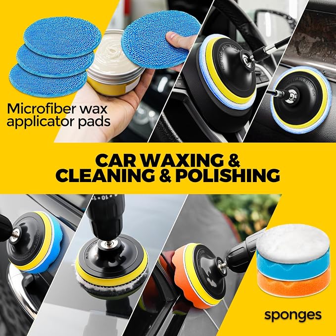 Holikme 22Pack Drill Brush Attachments Set,Scrub Pads & Sponge, Buffing Pads,Power Scrubber Brush,Car Polishing Pad Kit,Wax Applicator Pad,Car Cleaning Kit,Masonry Brushes,Cleaning Supplies | Buffing Sponges, Nylon Grout Tools, Microfiber Wax Pads, Til...
