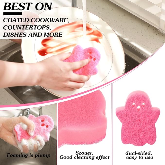 Tioncy 12 Pack Halloween Ghost Kitchen Sponges, Black, White, Pink | Dual Sided Scrubber, Gothic Halloween Decor, Reusable Non Scratch Dishwashing, for Cookware Pot Boiler Pan Household
