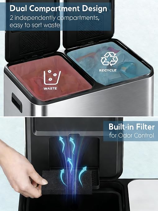 Arlopu 16Gal Dual Trash Can w/2 Built-in Box for Odor Control | Hands-Free Kitchen Garbage Bin, Recycle Waste Dustbin, Soft-Close Lid, 2 Buckets, Foot Pedal, Side Handle, for Home (Silver)