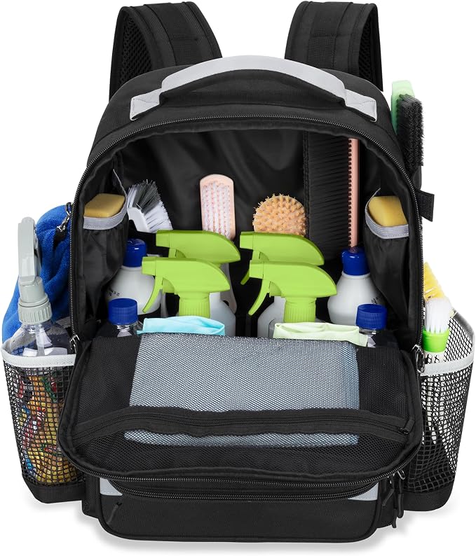 HODRANT Cleaning Backpack with Bottom Plate & Waterproof Bottom | Large Supplies Bag with Multiple Pockets for Housekeeping Tools, Cleaning Products Caddy Organizer for Home & Car, Bag Only