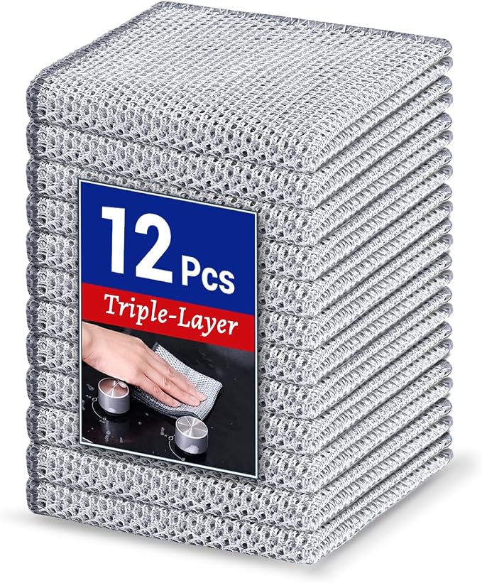 Wangjinpeng 12PK 3-Layer Multipurpose Steel Wire Dishcloths,9.84X9.84 in | metal scrubber,wet & dry clening,multipurpose cleaning cloths for dishes,great for cookware, sinks, dishes and stove tops