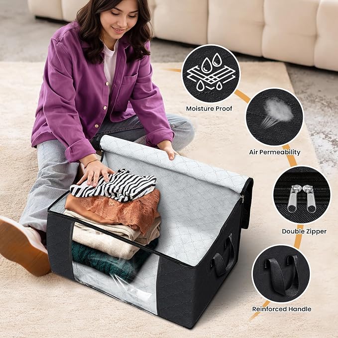 Fab totes 8 Pack Storage Bags for Clothes Blanket Storage Bins with Lids | Foldable Closet Organizers with Zippers,Window and Handles,Fabric Storage Bins for Sweater,Comforter,Bedding,Dorm essentials