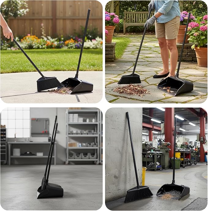 Broom and Dustpan Set， Dust Pan and Broom Combo | Long Handle and Wheels, Upright Standing，Heavy Duty，Large， for Indoor Outdoor, Kitchen, Garage, Restaurant Cleaning –Black