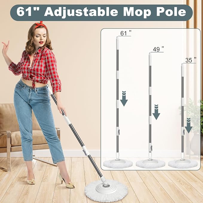 Traditional Large Spin Mop and Bucket, 2 Gal Capacity, White | 2 Rolling Wheels, Pull Handle, 61-Inch Handle, 6 Mop Heads, Easy Wringing, For Family Homes, Hardwood, Laminate & Tile Floors