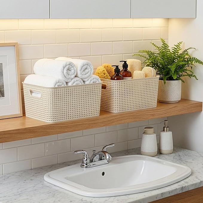 BINO | Plastic Storage Baskets, 13.5 Liter - 3 Pack, Natural | THE WOVEN COLLECTION | Storage Basket for Shelves | Woven Storage Baskets for Organizing Bins | Pantry Shelf Organizer | Container Bin