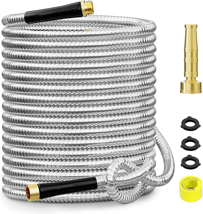 SPECILITE 50ft 304 Stainless Steel Metal Garden Hose with Rubber Grip | Adjustable Brass Nozzle, 3/4" Solid Brass Connectors, Flexible, Puncture Resistant, Non-Expandable for Yard Outdoor Lawn