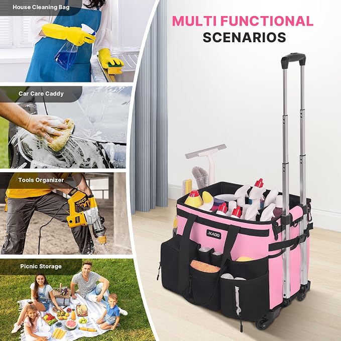 JKAOO Large Rolling Cleaning Caddy Bag with Detachable Trolley, Pink | Waterproof Cleaning Caddy with Wheels, 40L Wheeled Organizer Cart for Supplies, Housekeepers, Home, Office, Car, Picnic