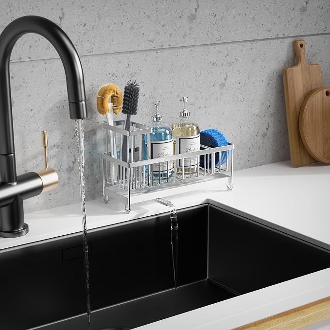 Moforoco Larger Version Sponge Holder for Kitchen Sink, Sink Caddy with High Brush Holder, Kitchen Sink Organizer Countertop Rustproof 304 Stainless Steel (Stainless Steel)