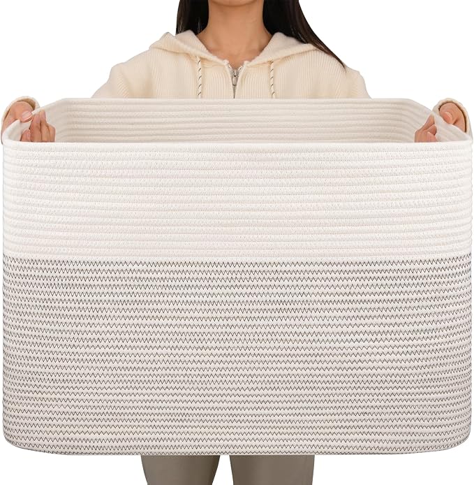 OIAHOMY 108L Extra Large Blanket Basket Dog Toy Basket Black/White | Rectangle Woven Baskets for Storage Cotton Rope Basket For Living Room Toy Storage Blanket Storage Laundry Basket