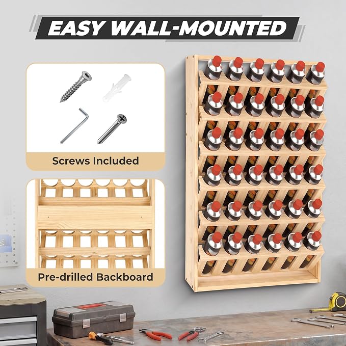 Sidasu Spray Can Storage Rack, 36-Can Wall Mount Spray Can Holder | 6-Tier Design, Wooden Spray Bottle Holder, DIY Paintable, Paint Can Organizer for Garages and Workshops