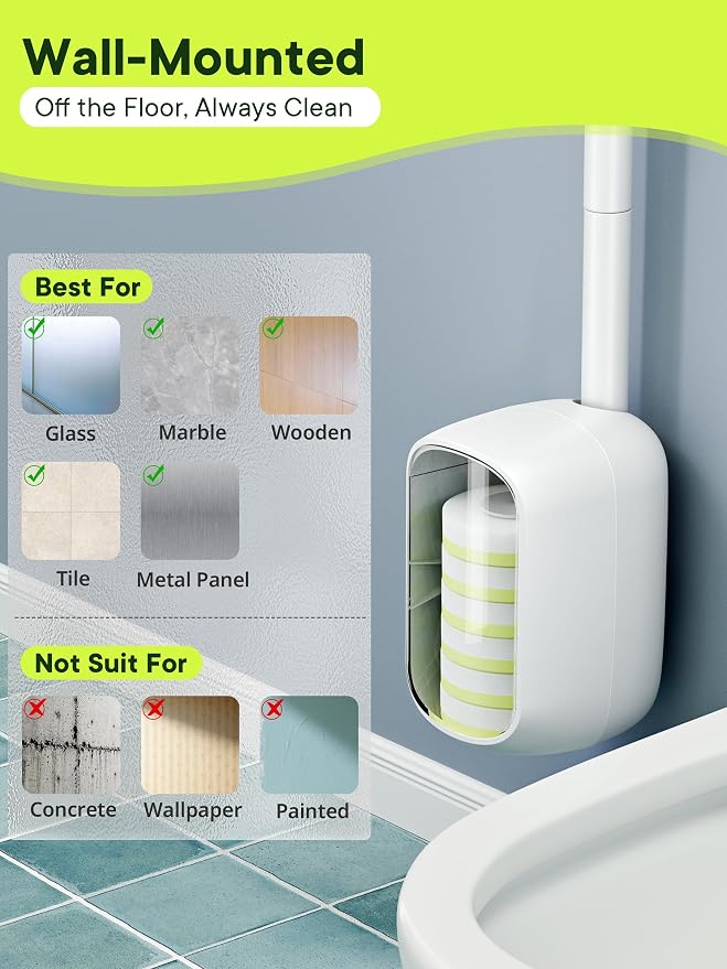 Disposable Toilet Brush and Holder Set, Toilet Bowl Cleaner Wand with 12 Refill Heads, Toilet Brush for Bathroom, Toilet Bowl Brush and Holder, Toilet Scrubber Kit with Storage