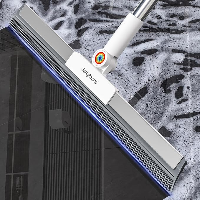 Rubber Squeegee Broom for Floor,Upgrade 62" Long Handle Window Squeegee, 2 Cleaning Cloths, Silicone Pet Hair Remover,Magic Broom Removes Water Spots, Stains, Grease, and Hair from Glass Surfaces.