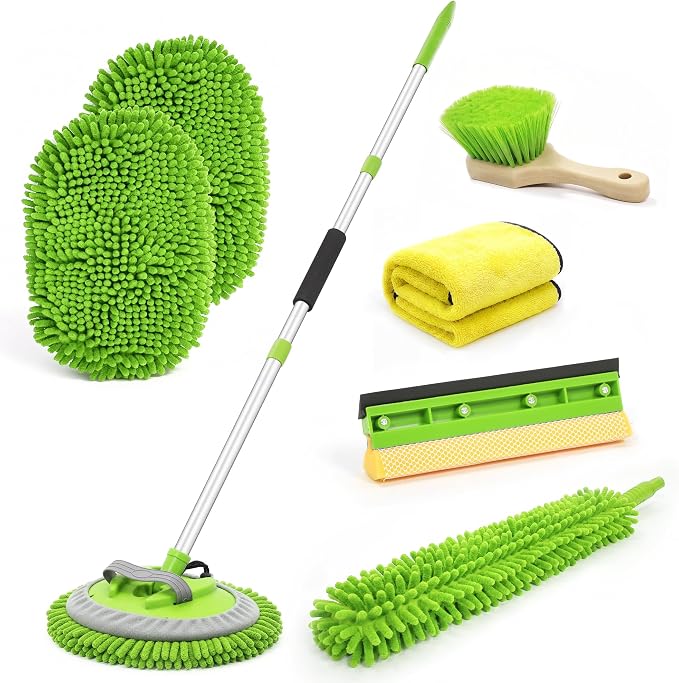 Ordenado 62" Car Wash Brush with Long Handle, 6Pcs Car Wash Kit Exterior | Scratch-Free Car Cleaning Kit with Chenille Microfiber Mop Mitt, Windshield Squeegee, Duster, Towel, Wheel Brush for RV Truck