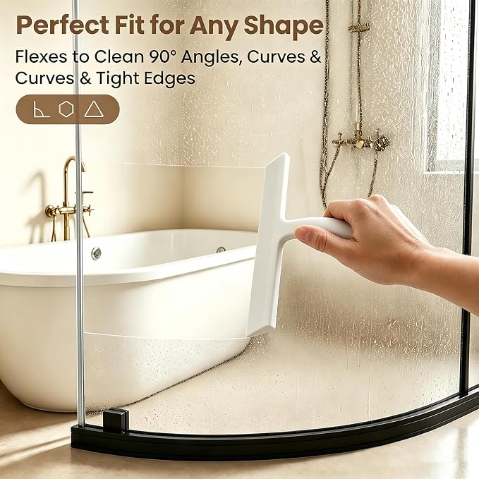 Shower Squeegee for Glass Doors: Streak-Free Silicone, 8.27 inch | One Swipe Silicone Blade, Built-in Hook for Easy Hanging, Versatile for Bathroom Mirror & Car Window (Classic White)