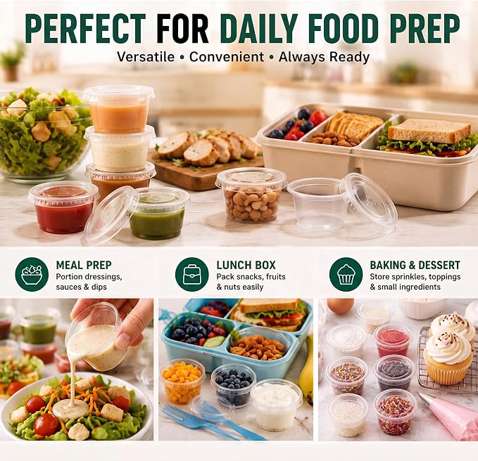 Bokon 2500 Sets 0.75 oz Clear Plastic Portion Cups with Lids Condiment and Dipping Sauce Container Salad Dressing Container Airtight and Stackable Souffle Cups for Lunch, Party, Trips