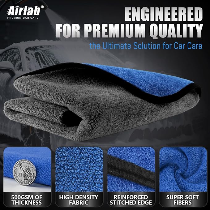 Airlab Microfiber Towels Cars Wash Drying Cleaning Cloth, Navy Blue & Grey | Thick Plush Auto Detailing Super Absorbent for Interior & Exterior Lint Free, Streak Free, 35 x 24 Inch, Pack of 1