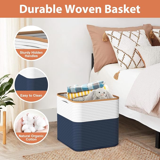 Storage Cotton Cubes 11 Inch, Woven Cotton Rope Storage Baskets for Toys Blanket Organizing, Storage Bins Decorative Organizer with Handles for Living Room Laundry Room Closet (3 Pack, Blue)