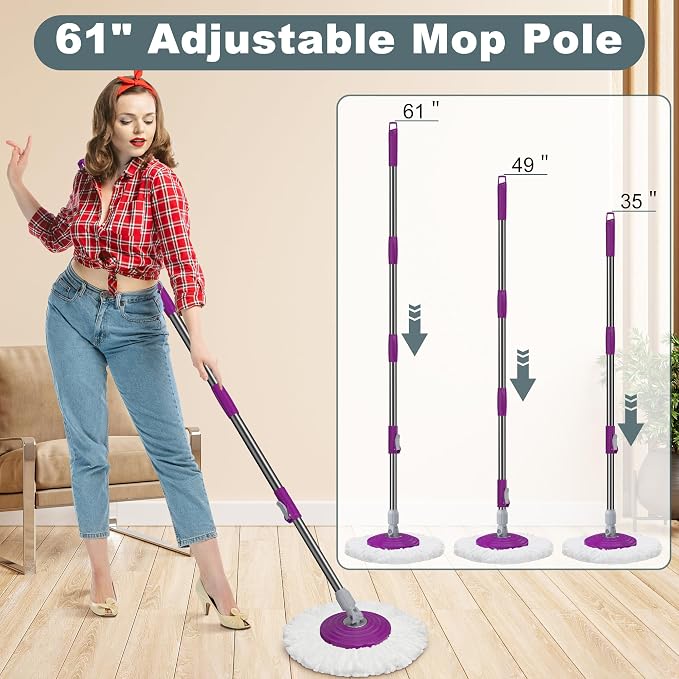 Traditional Large Spin Mop and Bucket, 2 Gal Capacity, Purple | 2 Rolling Wheels, Pull Handle, 61-Inch Handle, 6 Mop Heads, Easy Wringing, For Family Homes, Hardwood, Laminate & Tile Floors