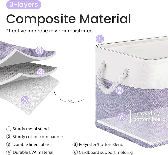 15x11x10 In Foldable Fabric Large Storage Bins with Handle 1 Pack | Organizer Baskets, Sturdy Metal Strand, Cardboard Support Molding, Storage Baskets for Shelves, Closet, Bedroom, White/Purple